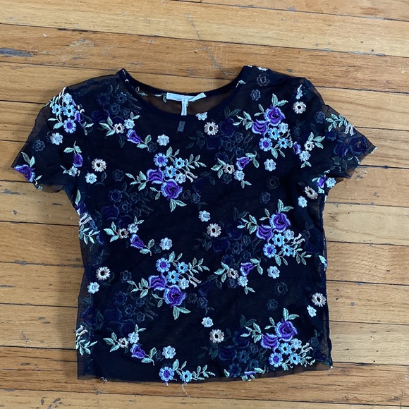 Urban Outfitters Sheer Mesh Cropped Black Floral Embroidered Shirt - Picture 5 of 6